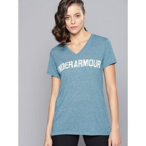 Under Armor Womens Blue V Neck Short Sleeve Threadborne Graphic T Shirt Size S